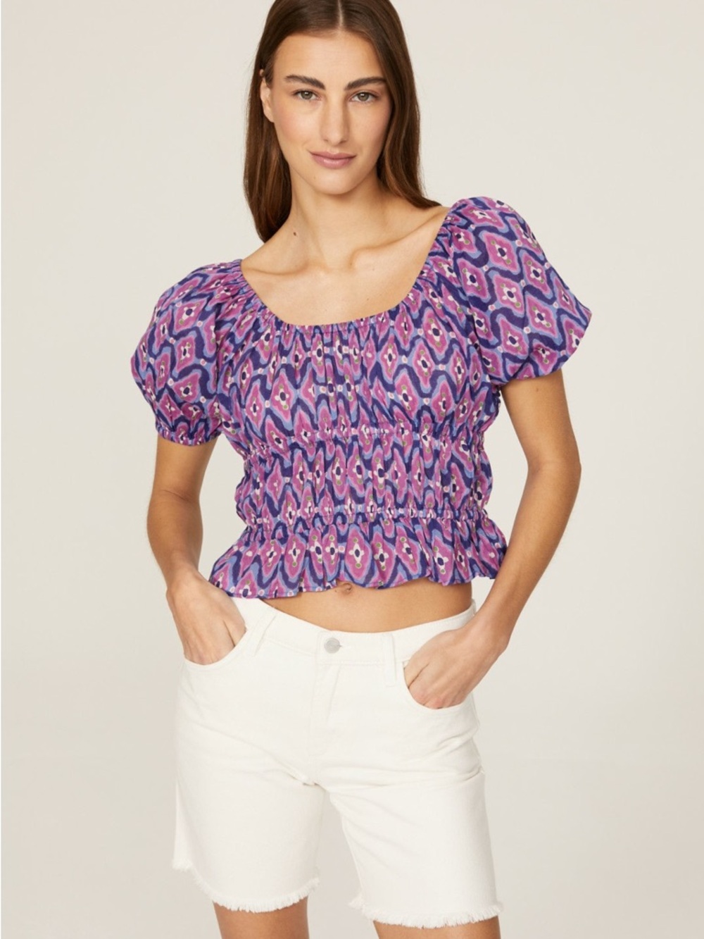 Banjanan Purple Patterned Smocked Crop Top